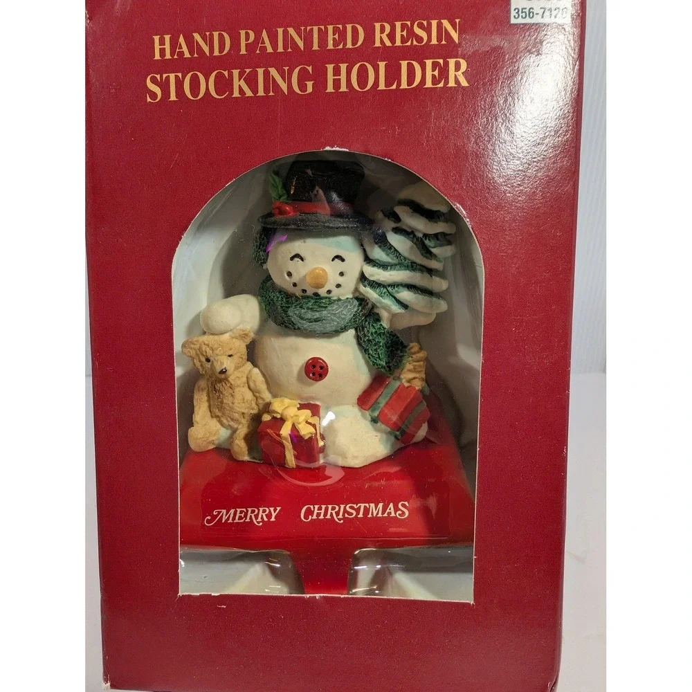 Santas Workbench Snowman Teddy Bear Hand Painted Resin Christmas Stocking Holder